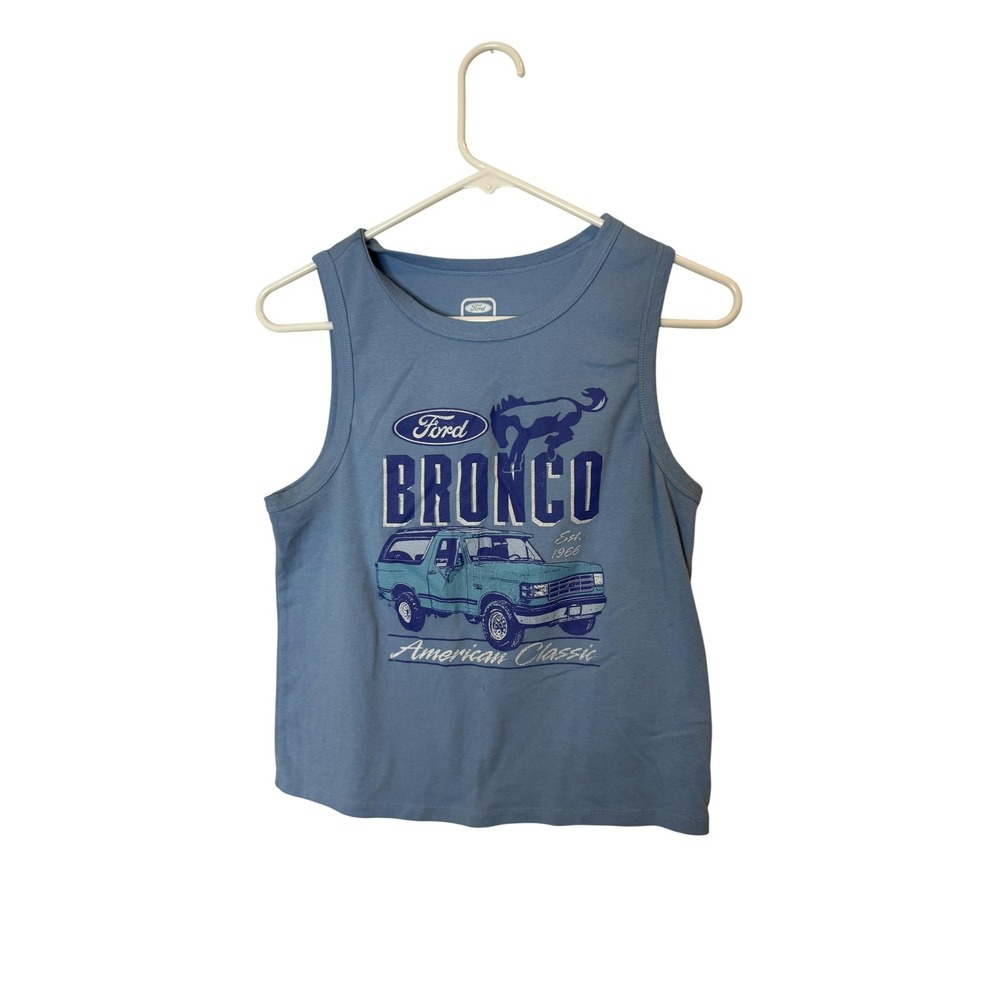 Ford Bronco Shirt Womens Large Blue Crop Tank Top American Classic‎ Graphic